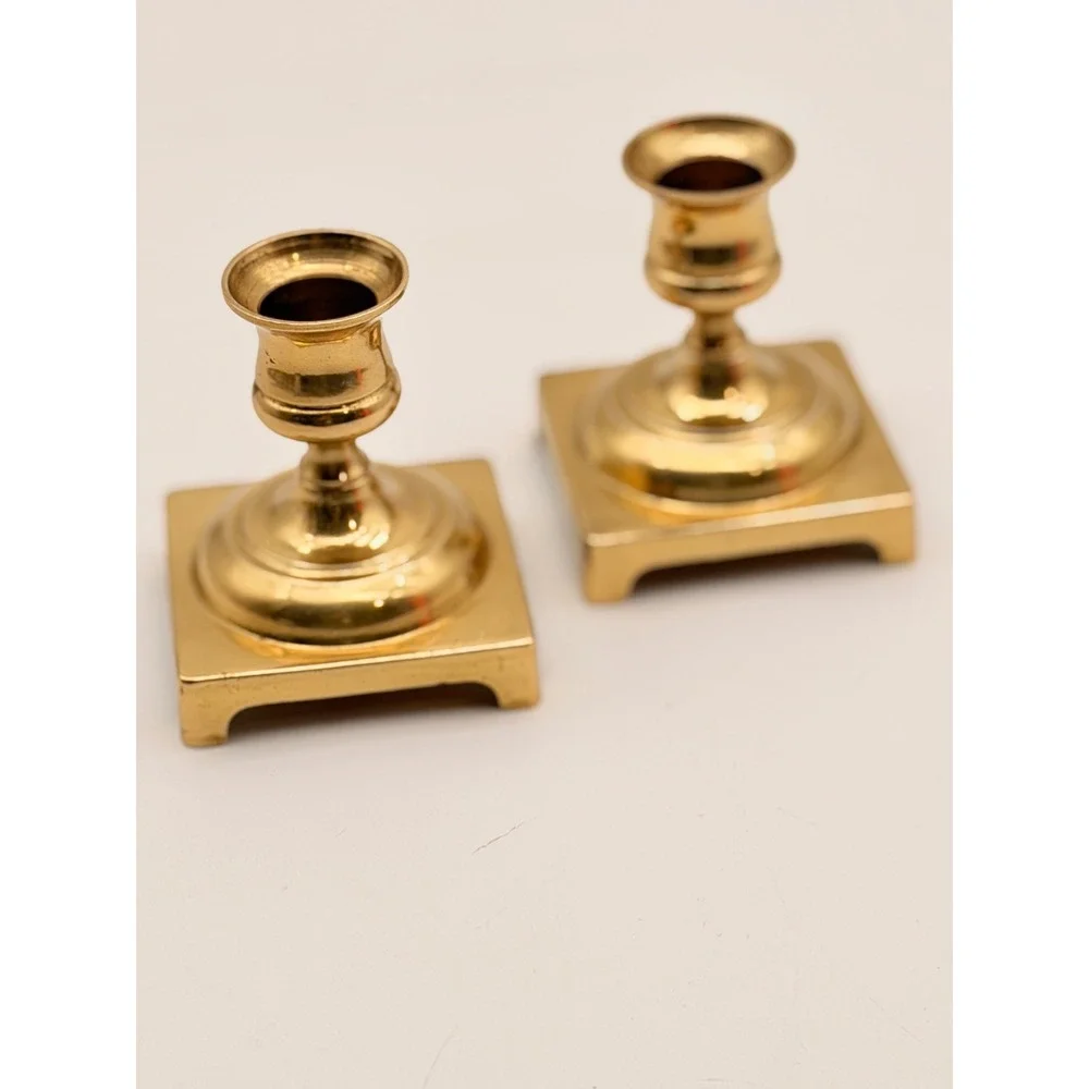 Vintage Pair Solid Brass Square Base Candlestick Holders Made in England 3 Inch